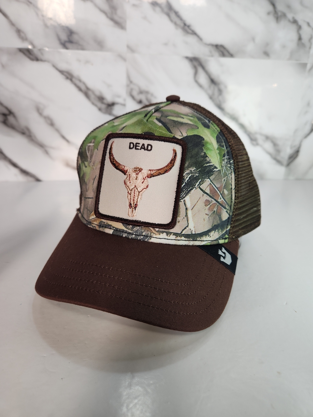 Goorin Bros Animal Camo Trucker Cap with Bull Skull Patch - Brown/Green Realtree
